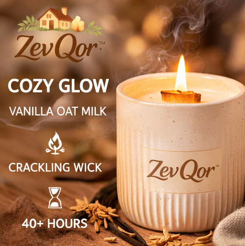 ZevQor™ Cozy Glow Wooden Wick Candle – Vanilla Oat Milk Scent | Warm Home Aromatherapy Candle | Crackling Relax Candle