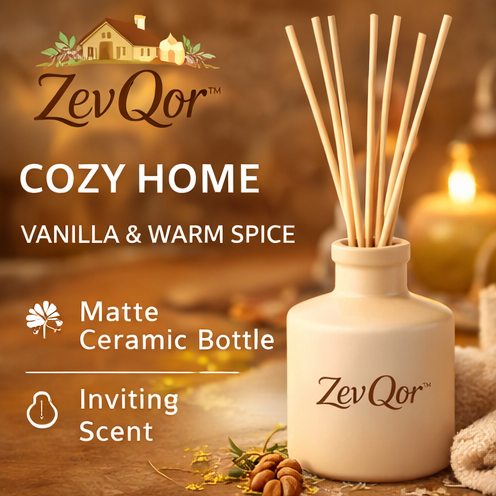 ZevQor™ Cozy Home Reed Diffuser – Vanilla Cream & Warm Spice | Home Fragrance Diffuser Set | Cozy Room Scent Decor