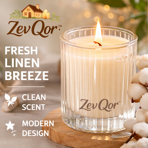 ZevQor™ Linen Breeze Glass Candle – Fresh Cotton Scent | Minimalist Home Candle | Clean Home Fragrance Jar