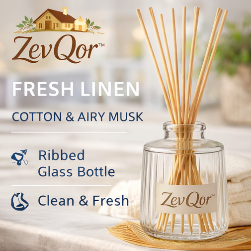 ZevQor™ Fresh Linen Reed Diffuser – Clean Cotton & Airy Musk | Minimalist Glass Diffuser | Bathroom Home Scent