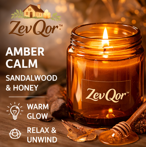 ZevQor™ Amber Calm Candle – Sandalwood Honey Scent | Warm Relaxation Candle | Decorative Home Jar Candle