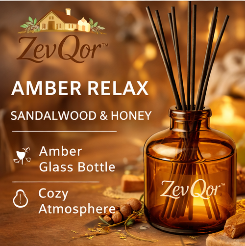 ZevQor™ Amber Relax Reed Diffuser – Sandalwood & Honey | Warm Decorative Diffuser Set | Cozy Ambient Fragrance